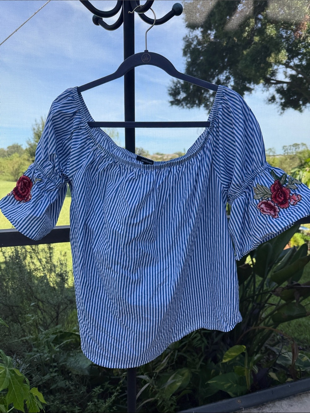Ambiance Blue and White Striped Off-Shoulder Blouse with Rose embroider